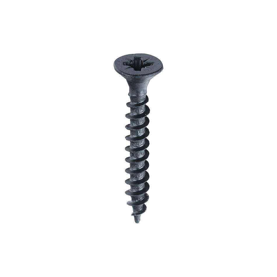 A single thread woodscrew with a black corrosion resistant coating designed to withstand over 500 hours salt spray. Ideal for use with black and black antique ironmongery.