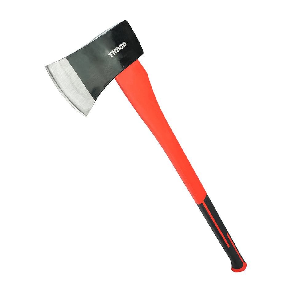 A professional axe featuring a heavy duty carbon steel head with a precision milled and tempered cutting edge. The lightweight fibreglass neck gives higher break resistance and longer tool life than a wooden alternative. Includes a soft grip handle for excellent ergonomics and user comfort.