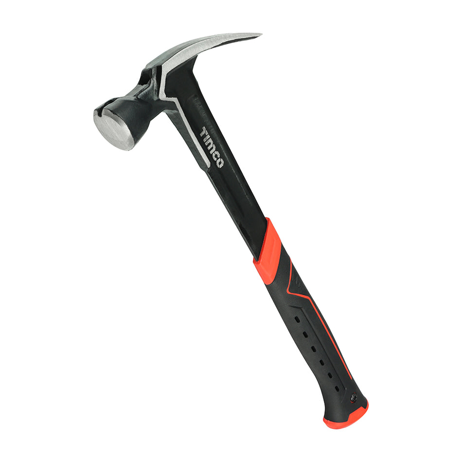 A premium quality claw hammer, ideal for rapid nail driving and ripping down framing. Manufactured from a single piece of toughened steel. Featuring a super soft-grip handle, heavy duty, heat treated and tempered strike face for long life and a precision engineered and balanced head for a faster swing with reduced fatigue. Also features a built in magnetic nail holder to assist with single handed nail driving. Ideal for a variety of professional