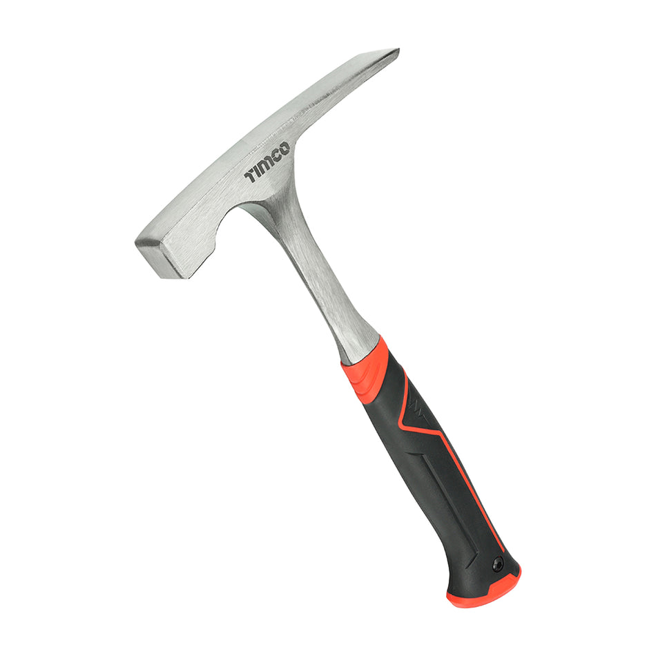 A premium quality brick hammer, manufactured from a single piece of toughened and hardened steel, with tempered strike faces and a soft-grip handle to reduce vibrations. 