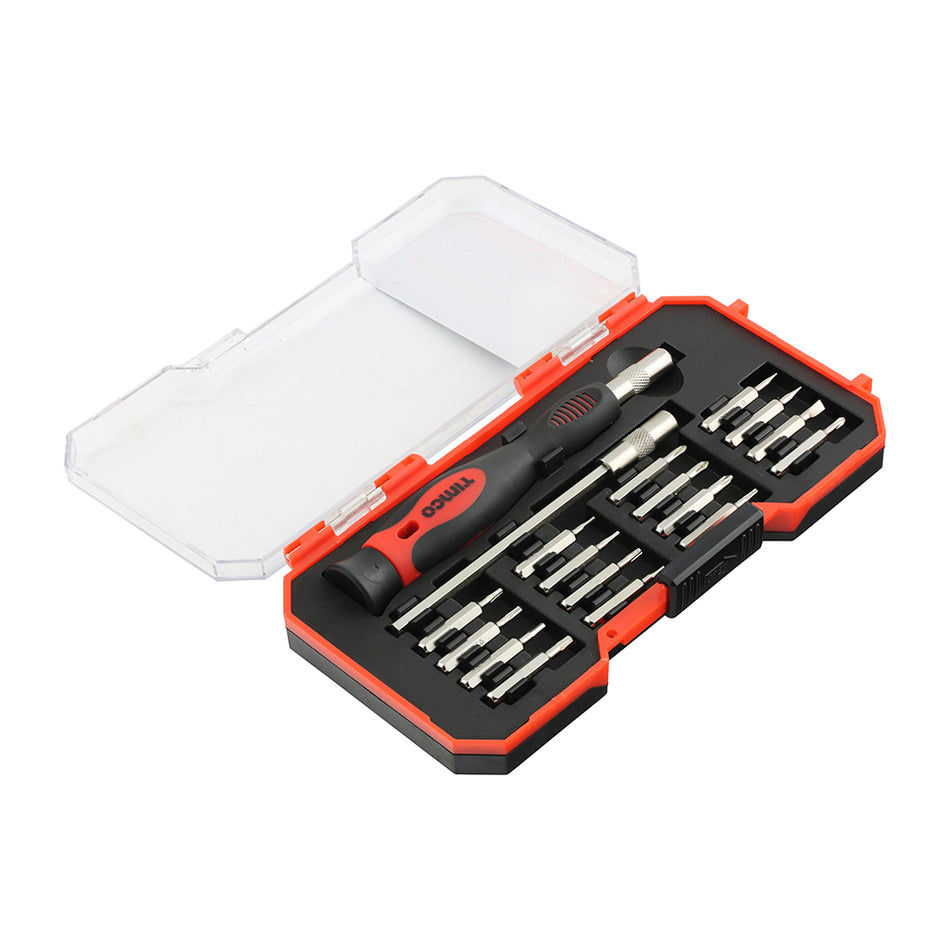 A precision screwdriver with interchangeable driver bits, manufactured from hardened and tempered chrome vanadium for extra strength and durability.  Ideal for removing and installing electrical components and similar intricate applications.