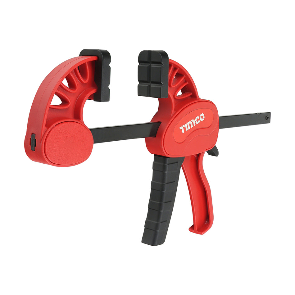 A lightweight and robust dingle handed bar clamp and spreading tool with a maximum grip capacity of 70kg. Featuring super soft grip handles for comfortable use and a quick release ratcheting mechanism for added convenience. Ideal for supporting light weight gluing and clamping applications, especially when working room is restricted. With non-marking full face pads to distribute pressure evenly to reduce the risk of damage to the workpiece.