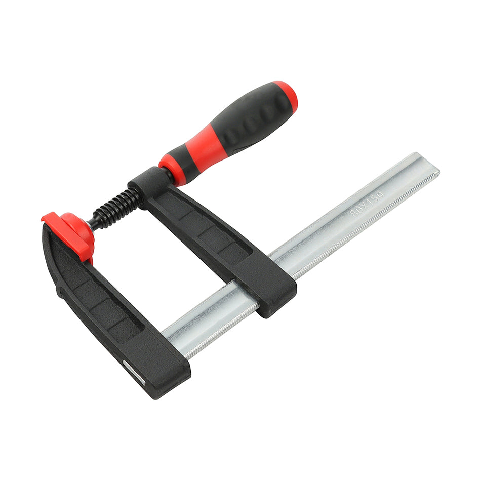 A heavy duty F clamp with super soft grip handles for ergonomic and comfortable use. Featuring a hardened slip resistant steel bar with solid jaws to provide a maximum clamping force of 270kg. Featuring soft plastic protective jaws to help prevent damage to the workpiece. 