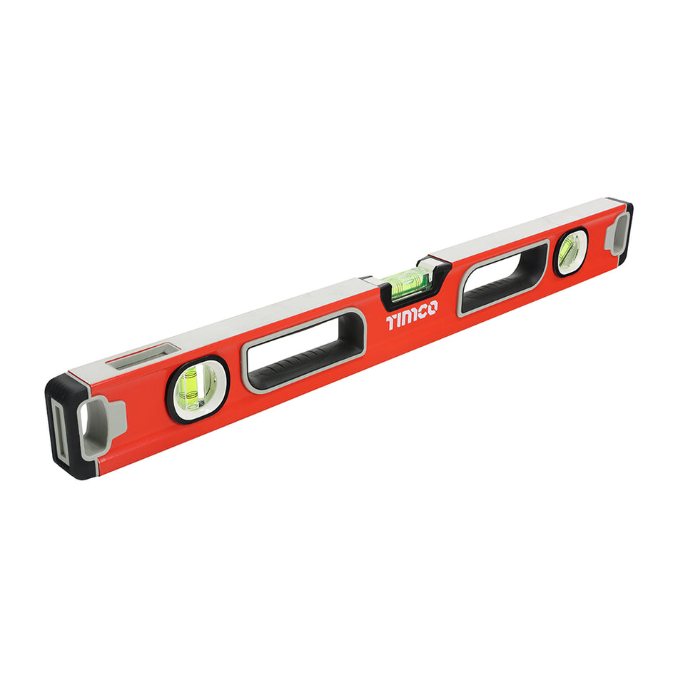 A professional beam level manufactured from lightweight and high strength aluminium. Featuring a soft grip handles, three impact resistant, high visibility and high accuracy vials, shock resistant rubber end caps and dual milled surfaces with a magnetic face. Perfect for all professional levelling applications.