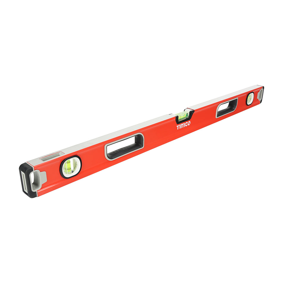 A professional beam level manufactured from lightweight and high strength aluminium. Featuring a soft grip handles, three impact resistant, high visibility and high accuracy vials, shock resistant rubber end caps and dual milled surfaces with a magnetic face. Perfect for all professional levelling applications.