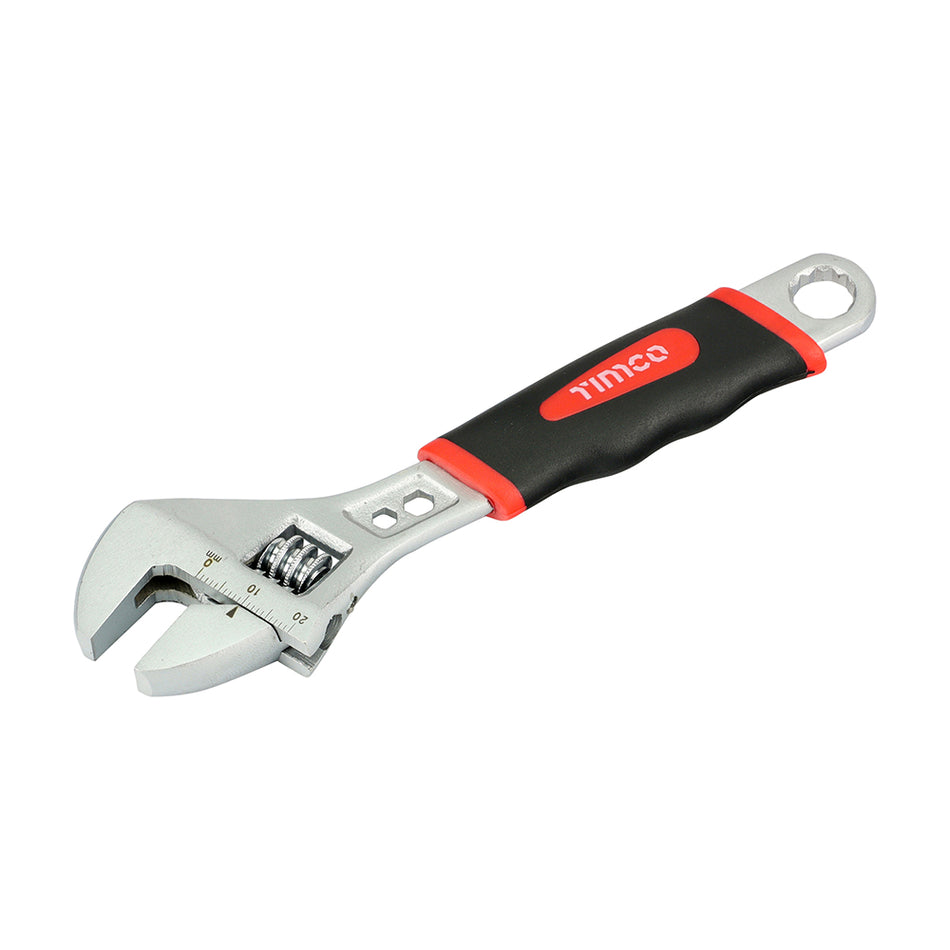 A professional adjustable wrench manufactured from heavy duty chrome vanadium, hardened and tempered for exceptional tool life and performance. Featuring an ergonomic soft-grip handle for superior user comfort, control and slip resistance with head markings for easy adjustment to the required size.