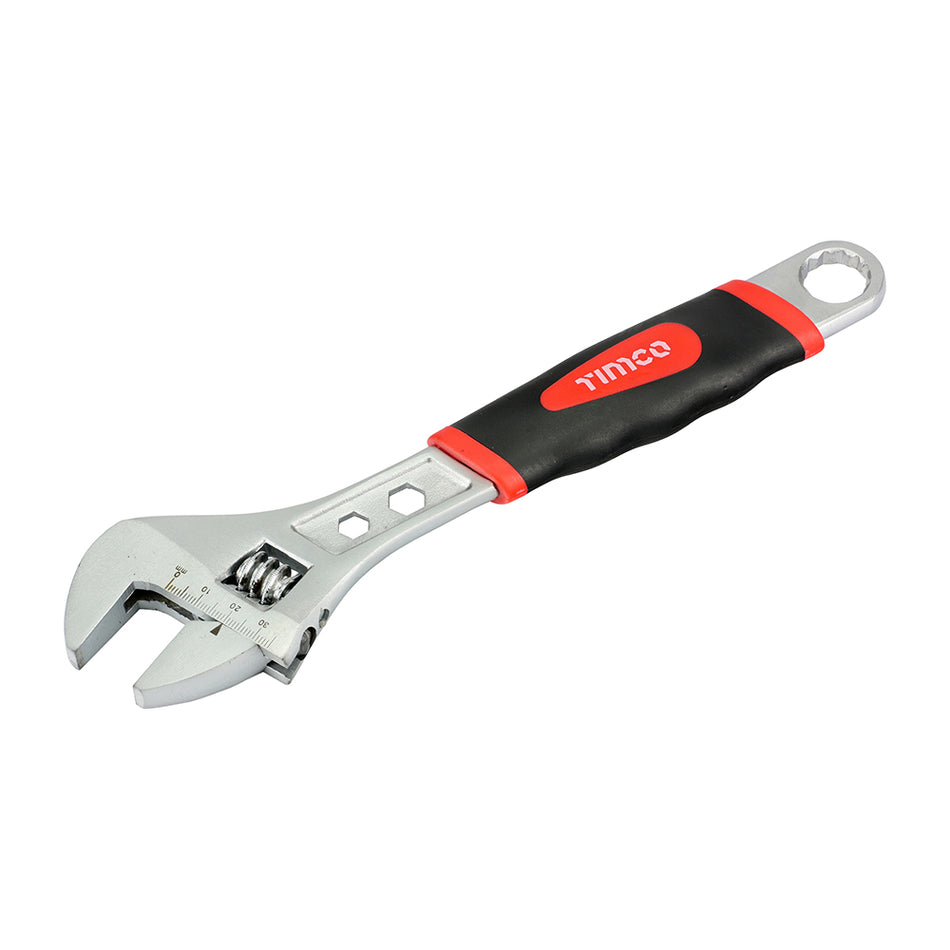 A professional adjustable wrench manufactured from heavy duty chrome vanadium, hardened and tempered for exceptional tool life and performance. Featuring an ergonomic soft-grip handle for superior user comfort, control and slip resistance with head markings for easy adjustment to the required size.