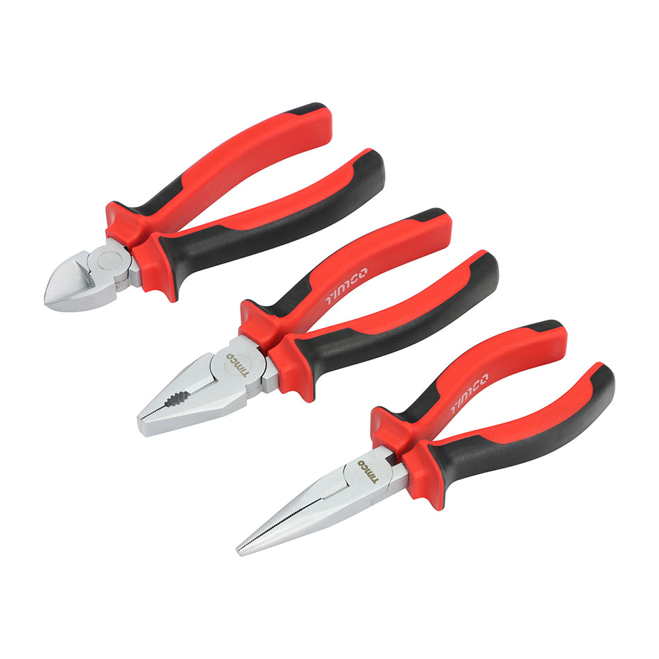 A set of combination, long nose and side cutting pliers, ideal for a variety of gripping, cutting and snipping tasks. Manufactured from high grade chrome vanadium with hardened jaws and cutting edges ensuring that they stay sharper for longer. Featuring an ergonomic soft-grip handle to maximise user comfort and grip.