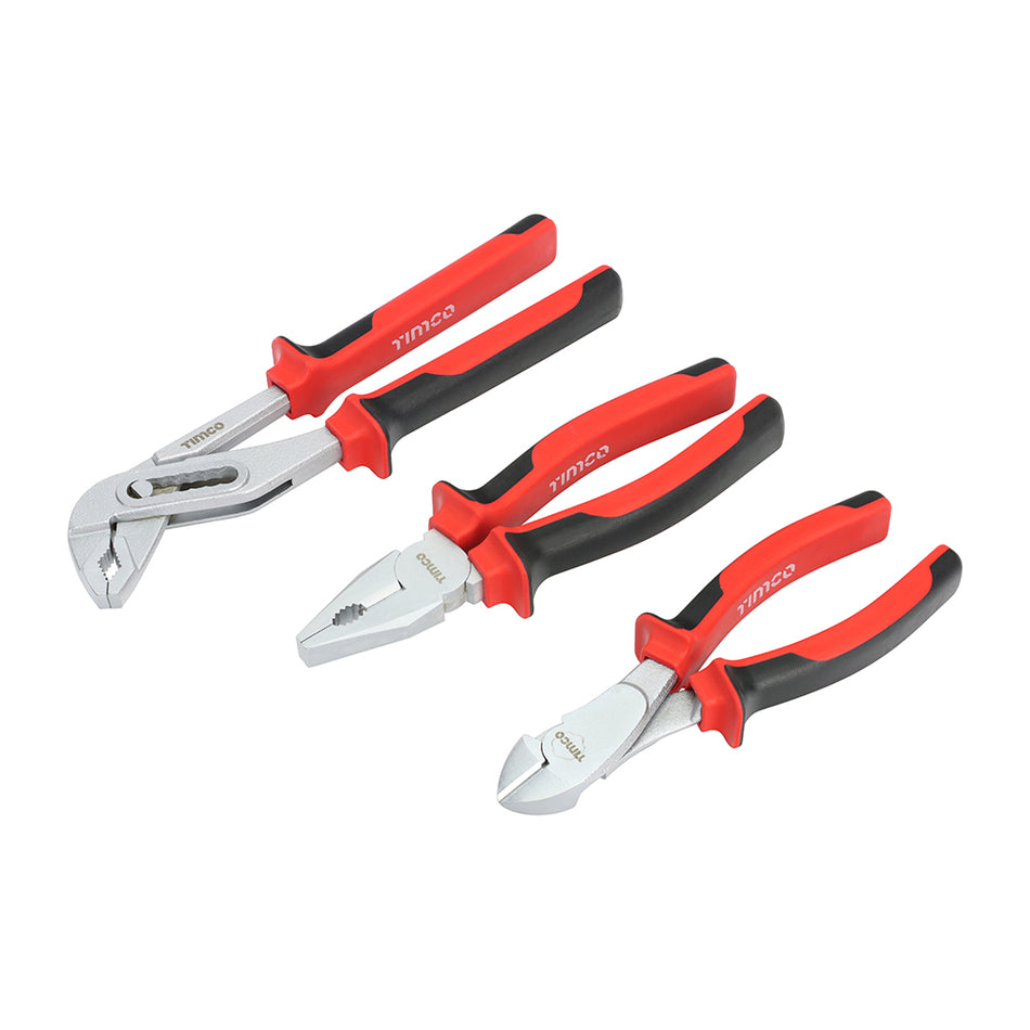 A set of combination, side cutting and water pump pliers ideal for professional gripping, cutting and snipping tasks. Manufactured from premium grade chrome vanadium with hardened jaws and cutting edges ensuring that they stay sharper for longer. Featuring an ergonomic soft-grip handle to maximise user comfort and grip.