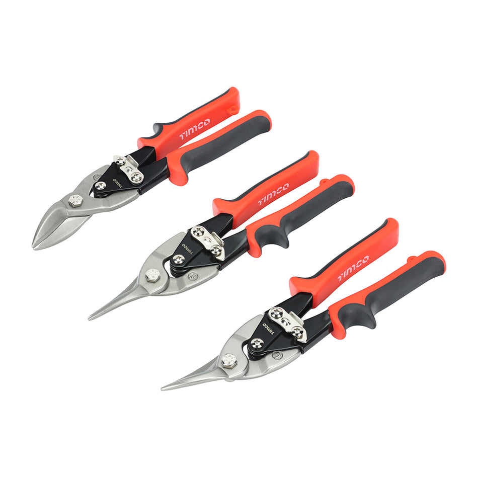 A set of premium aviation snips, manufactured from heavy duty chrome vanadium for exceptional performance and tool life. Featuring induction hardened cutting edges to maintain sharpness and provide a clean cut, with an ergonomic anti-slip grip for maximum user comfort. Includes an auto-release mechanism for faster single handed operation. The set contains left, straight and right cutting snips.