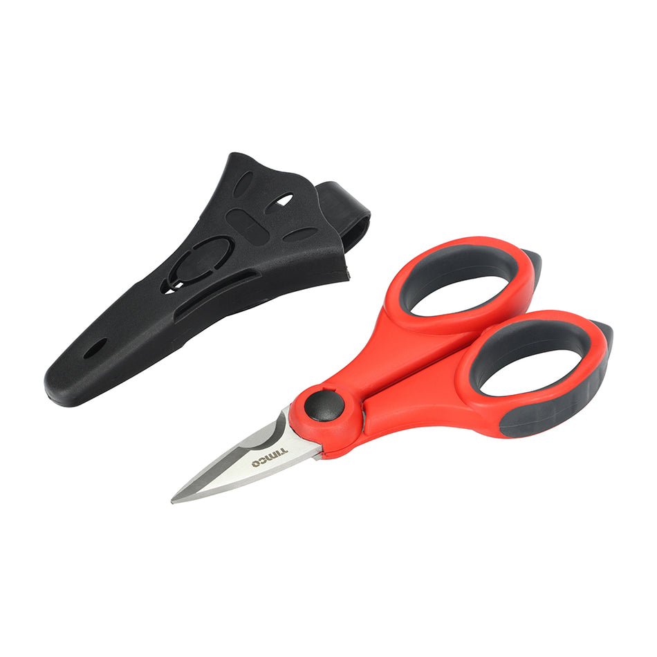 Heavy duty electricians scissors with micro serrated stainless steel blades for easily cutting through tough materials such as insulation materials, tapes, cable ties, wires and cables. Featuring an integrated notch for wire stripping and ergonomic handles for enhanced comfort and control. Includes a belt clip for safe storage.