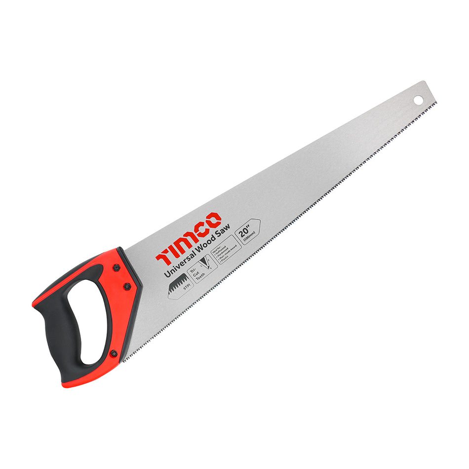 A premium 9tpi hand saw, manufactured from high grade carbon steel. Featuring 3D triple ground and hardened teeth for rapid performance and a polished and lacquered blade for smooth cutting and corrosion resistance. The super soft-grip handle gives a firm hold and enhances comfort. Ideal for soft wood, hard wood, man-made boards including MDF, chipboard and veneered board, and PVCu.