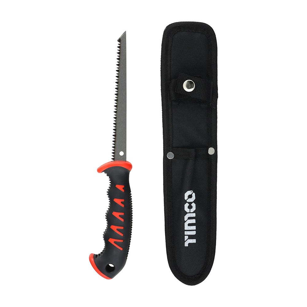 A premium jab saw with protective holster. Manufactured from hardened and polished 1.5mm steel for cutting through tough materials without warping and blunting. Making it perfect for punching through plasterboard and close quarter cutting applications.