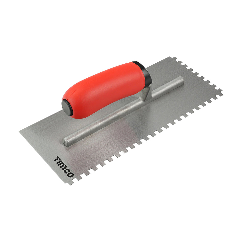 A high quality square notch trowel for spreading adhesives and viscous compounds.  Manufactured using a lightweight aluminium shank with a hardened and polished carbon steel blade for strength and easy cleaning. Featuring an ergonomically designed soft-grip handle for comfort and control with multi-purpose square notched and straight edges. Ideal for application of tiling adhesives, decorating fillers and viscous compounds.