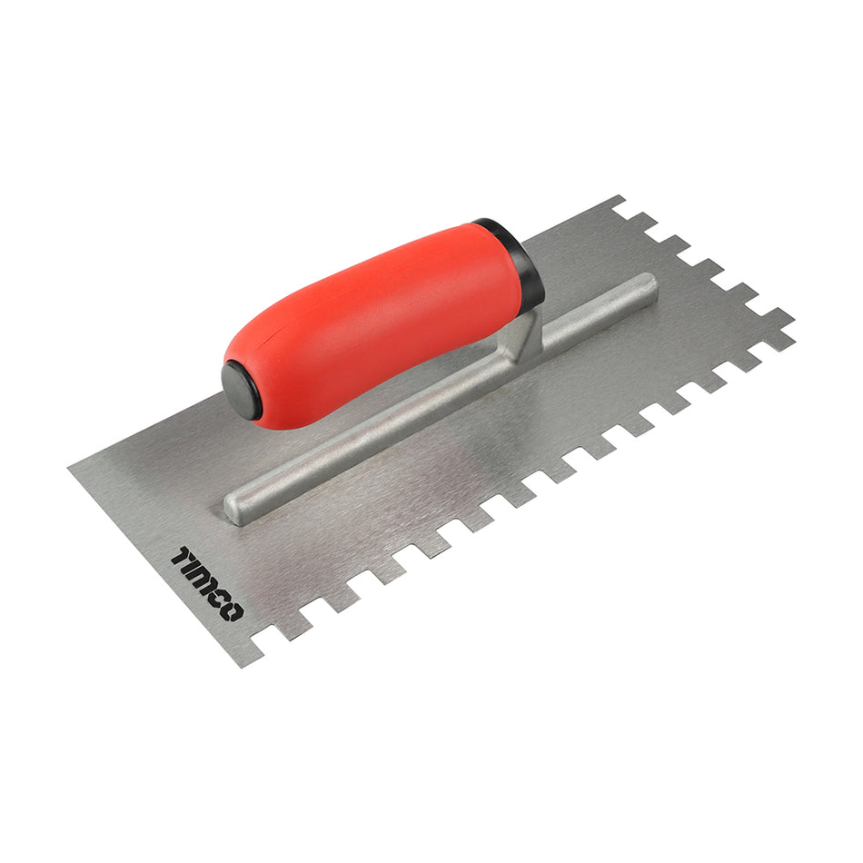 A high quality square notch trowel for spreading adhesives and viscous compounds.  Manufactured using a lightweight aluminium shank with a hardened and polished carbon steel blade for strength and easy cleaning. Featuring an ergonomically designed soft-grip handle for comfort and control with multi-purpose square notched and straight edges. Ideal for application of tiling adhesives, decorating fillers and viscous compounds.