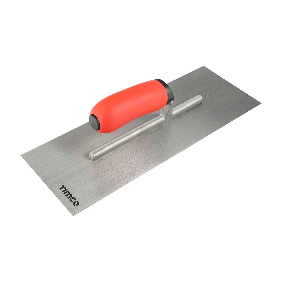 A premium plastering trowel designed for professional application of finishing plaster and adhesive compounds. Featuring a tough and flexible carbon steel blade with an ergonomically designed soft-grip handle, lightweight aluminium shaft for user comfort, control and reduced fatigue and polished for quick and easy removal of excess product.