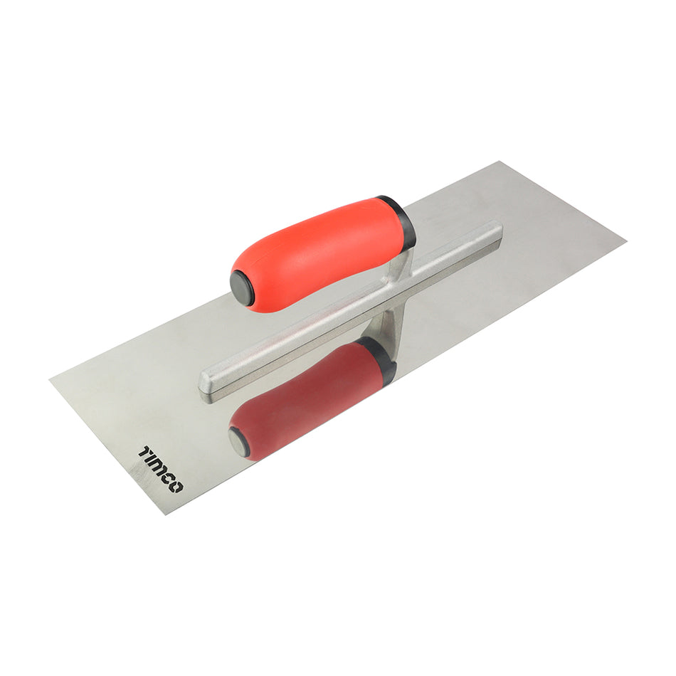 A premium plastering trowel designed for professional application of finishing plaster and adhesive compounds. Featuring a tough and flexible carbon steel blade with an ergonomically designed soft-grip handle, lightweight aluminium shaft for user comfort, control and reduced fatigue and polished for quick and easy removal of excess product.