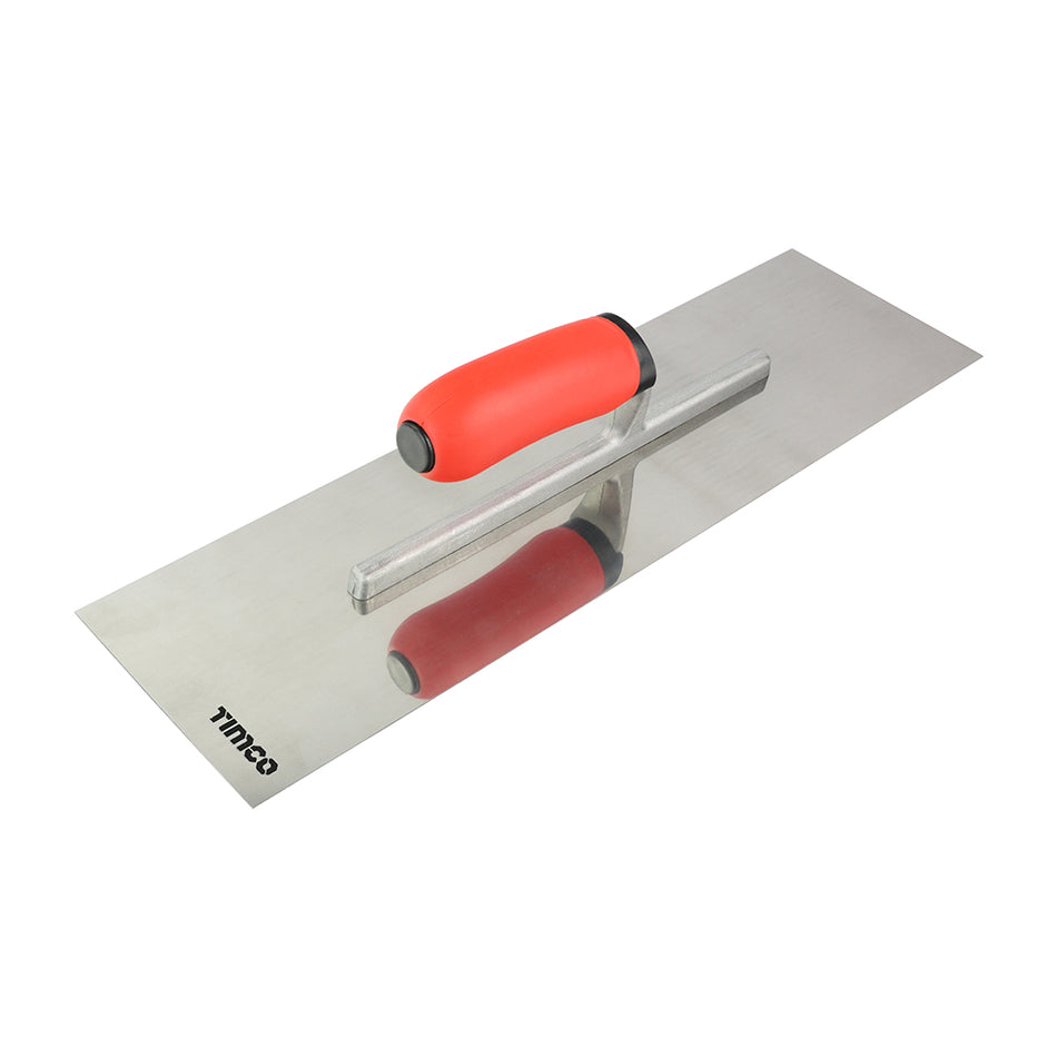 A premium plastering trowel designed for professional application of finishing plaster and adhesive compounds. Featuring a tough and flexible carbon steel blade with an ergonomically designed soft-grip handle, lightweight aluminium shaft for user comfort, control and reduced fatigue and polished for quick and easy removal of excess product.