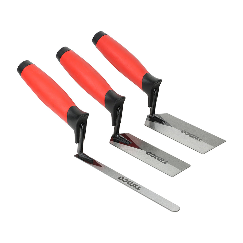 A set of three premium trowels including a <fraction d="2" n="1"/>â€ tuck pointing trowel, 1 <fraction d="2" n="1"/>â€ and 2â€ margin trowels. Manufactured with forged solid steel shanks and ergonomic soft-grip handles with finger guards for superior user comfort and excellent trowel control. Featuring lacquered blades for quick and easy cleaning with smooth corners to prevent scoring. Ideal for tuck pointing, finishing and working intricately.