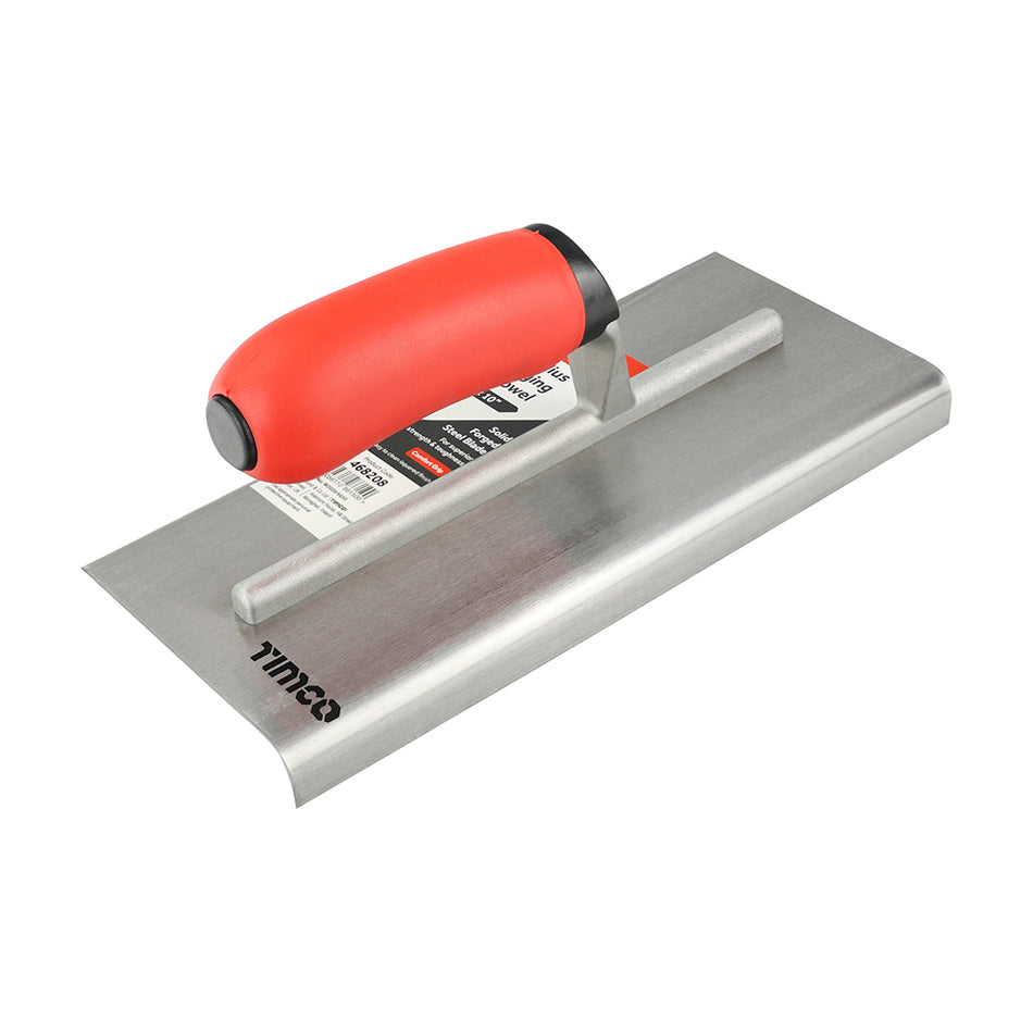 A premium edging trowel with radius edging for finishing concrete bases and pads. Featuring a tough carbon steel blade with an ergonomically designed soft-grip handle and a lightweight aluminium shaft for user comfort, control and reduced fatigue. Polished for quick and easy removal of excess product.