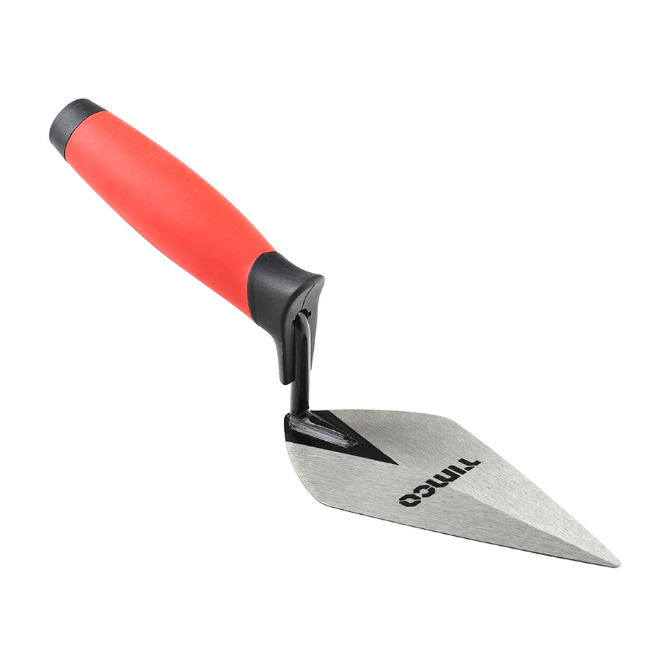 A premium pointing trowel. Manufactured with a forged solid steel shank with an ergonomic soft-grip handle with finger guard for superior user comfort and excellent trowel control. Featuring a lacquered blade for quick and easy cleaning.