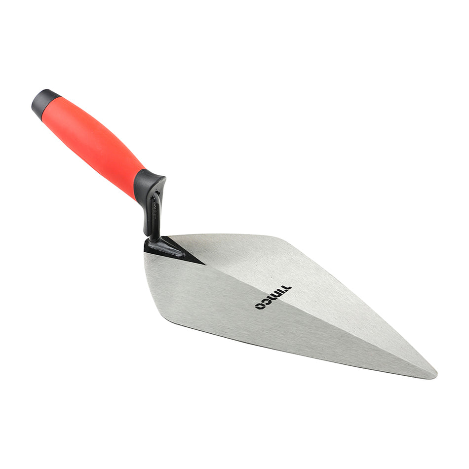 A premium bricklaying trowel manufactured from high strength forged steel with a soft-grip handle and protective finger guard for user comfort and trowel control. Featuring a robust blade for strength and impact resistance with a lacquered finish for quick and easy cleaning.