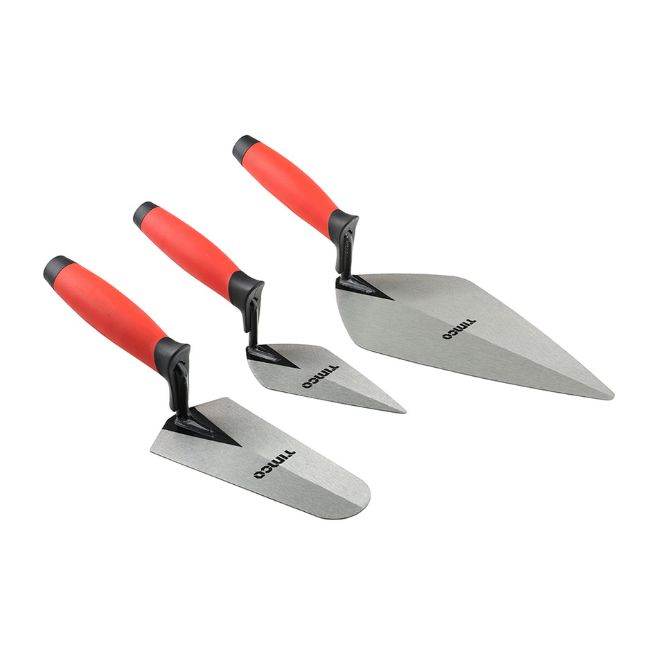 A selection of premium trowels, manufactured with forged solid steel shanks and ergonomic soft-grip handles. Featuring robust and lacquered blades for quick and easy cleaning. The kit includes a gauging trowel, London pattern pointing trowel and Philadelphia pattern brick trowel.