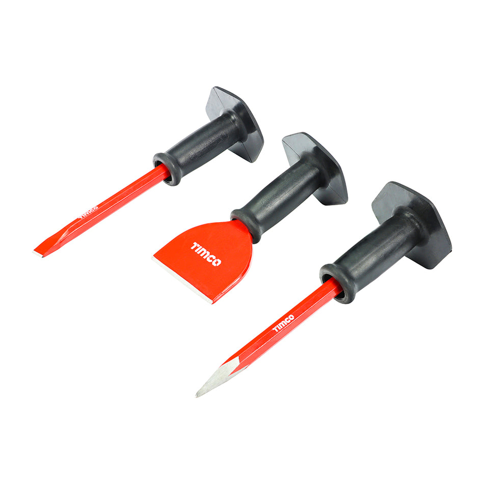 A mixed set containing three popular masonry bolsters and chisels, manufactured from high quality carbon steel with hardened and impact resistant tips for long tool working life. Featuring domed striking heads to prevent damage and heavy duty hand guards. Ideal for use on stone, brickwork, mortar, cement and other masonry.