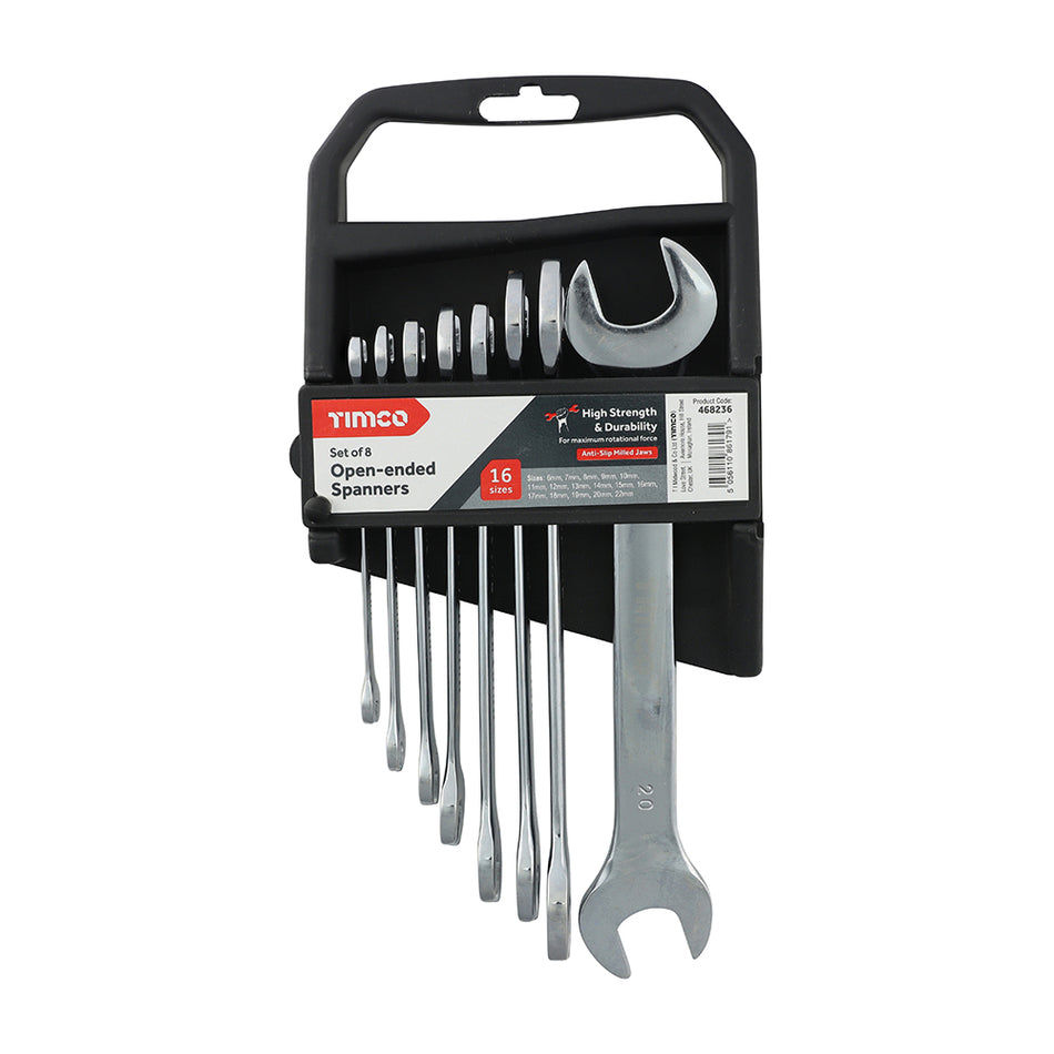 A set of 8 metric open ended spanners manufactured from high grade drop forged chrome vanadium steel. Featuring a polished and rounded grip for use comfort and precision engineered faces for exceptional fastener grip and minimum rotational pressure.