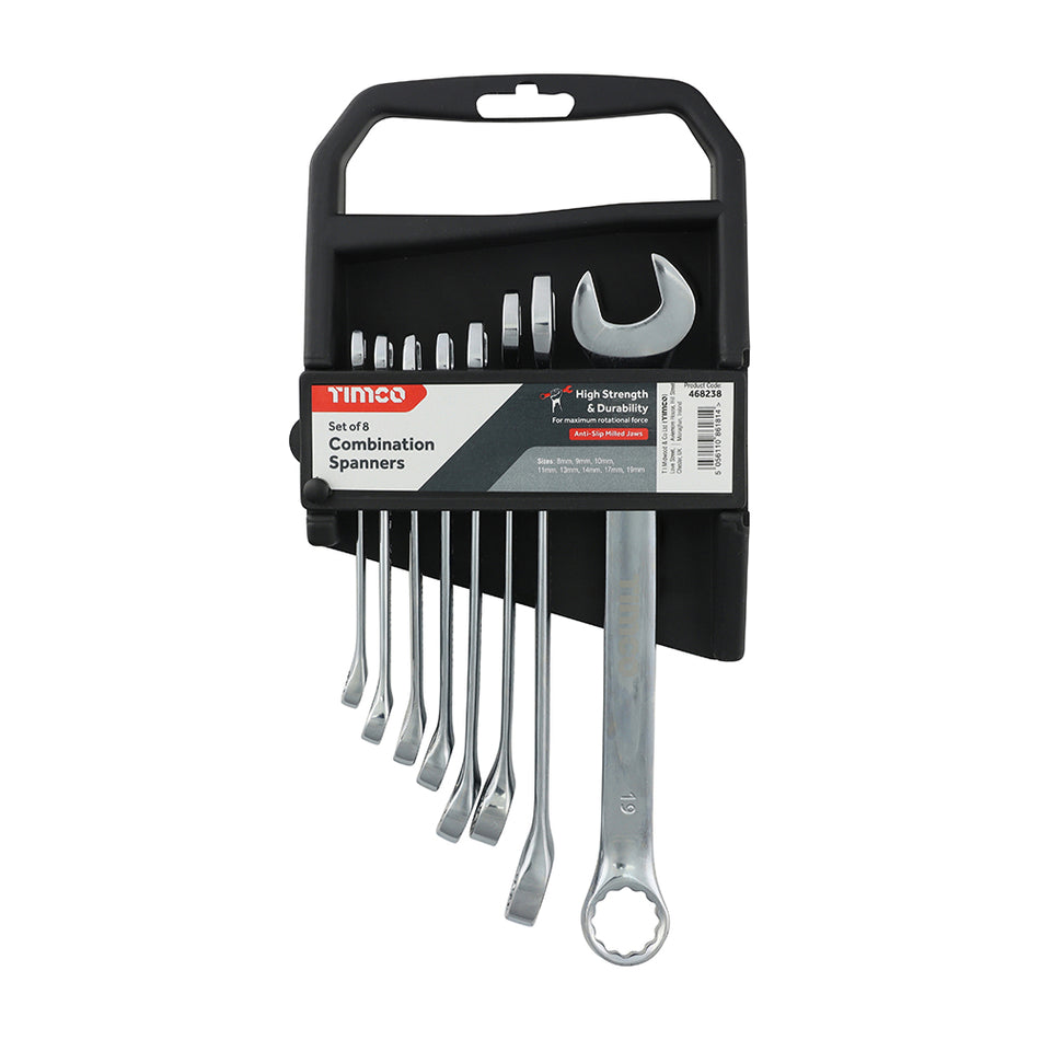 A set of 8 metric combination spanners manufactured from high grade drop forged chrome vanadium steel. Featuring a polished and rounded grip for use comfort and precision engineered faces for exceptional fastener grip and minimum rotational pressure. Contains: 8mm, 9mm, 10mm, 11mm, 13mm, 14mm, 17mm, 19mm.