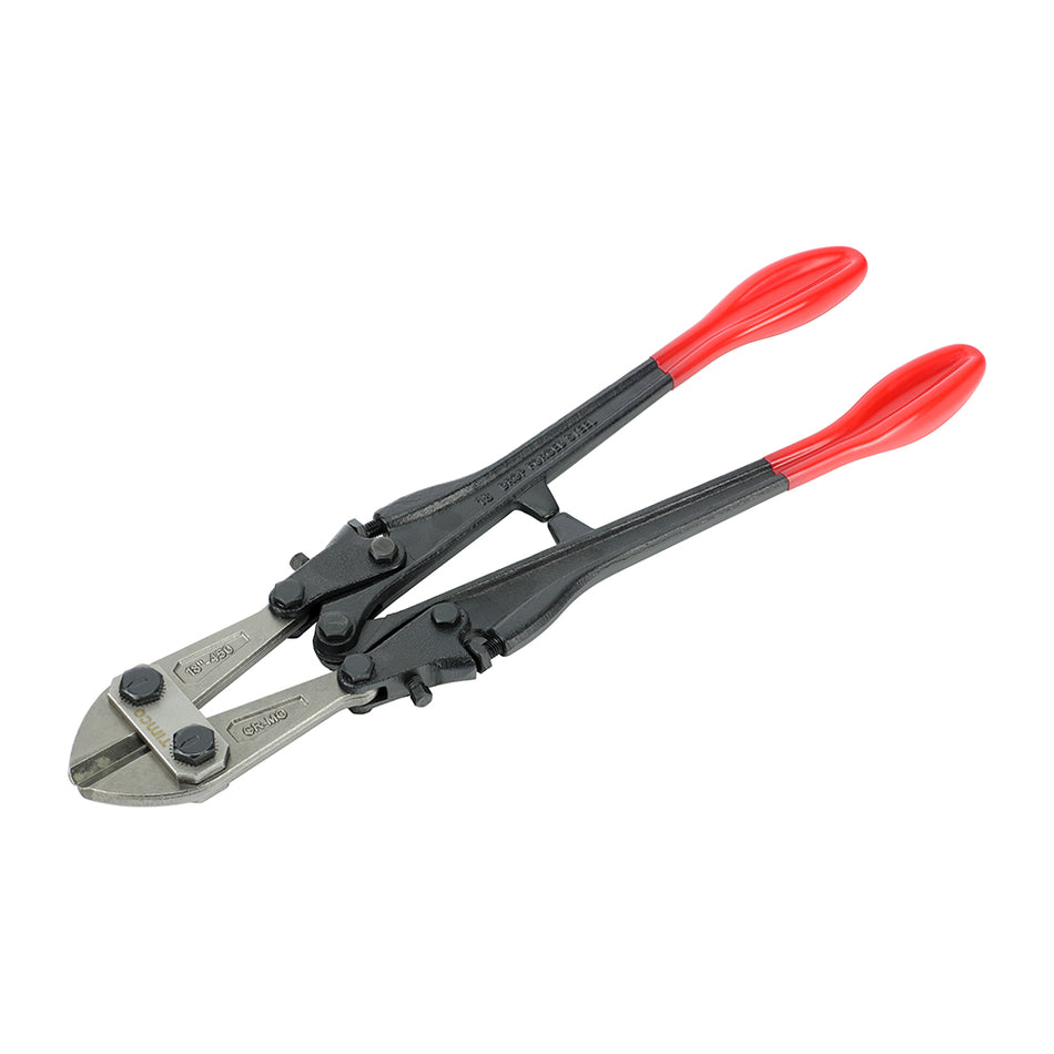 Heavy duty bolt croppers, featuring hardened steel jaws manufactured from chrome molybdenum and a soft grip handle for user comfort. Designed for cutting wire, chains and bolts up to 6mm thick.