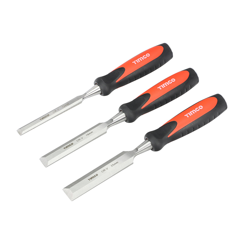 A set of tough and hard wearing wood chisels, engineered from hardened and tempered steel. Designed for long-lasting sharpness during intricate and demanding woodworking jobs. Featuring a super soft grip, split resistant handle and a fully forged strike cap for use with hammers. Supplied in a tough canvas protective case. 