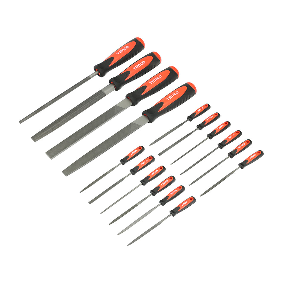 A set of files and precision needle files, manufactured from hardened high grade steel for long-lasting tool life and premium performance. Ideal for general purpose and delicate metal fabrication and sharpening.  Featuring soft-grip, anti-slip handles for user comfort.  Supplied in a tough canvas protective case.