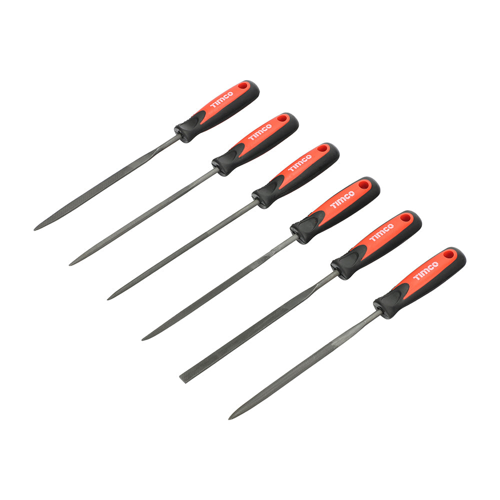 A set of needle files, manufactured from hardened high grade steel for professional tool life and performance during precision and delicate work. Featuring soft-grip handles for user comfort. Ideal for shaping metal, stone, ceramics, glass and other hard materials.