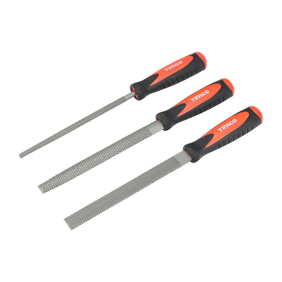 A set of three double sided rasps, manufactured from hardened high grade steel for long tool life. Ideal for shaping and finishing timber in carpentry applications such as cabinets and furniture making. Featuring soft-grip handles for user comfort and uniform tooth height to maximise material removal and finish. Supplied in a tough canvas protective case. 