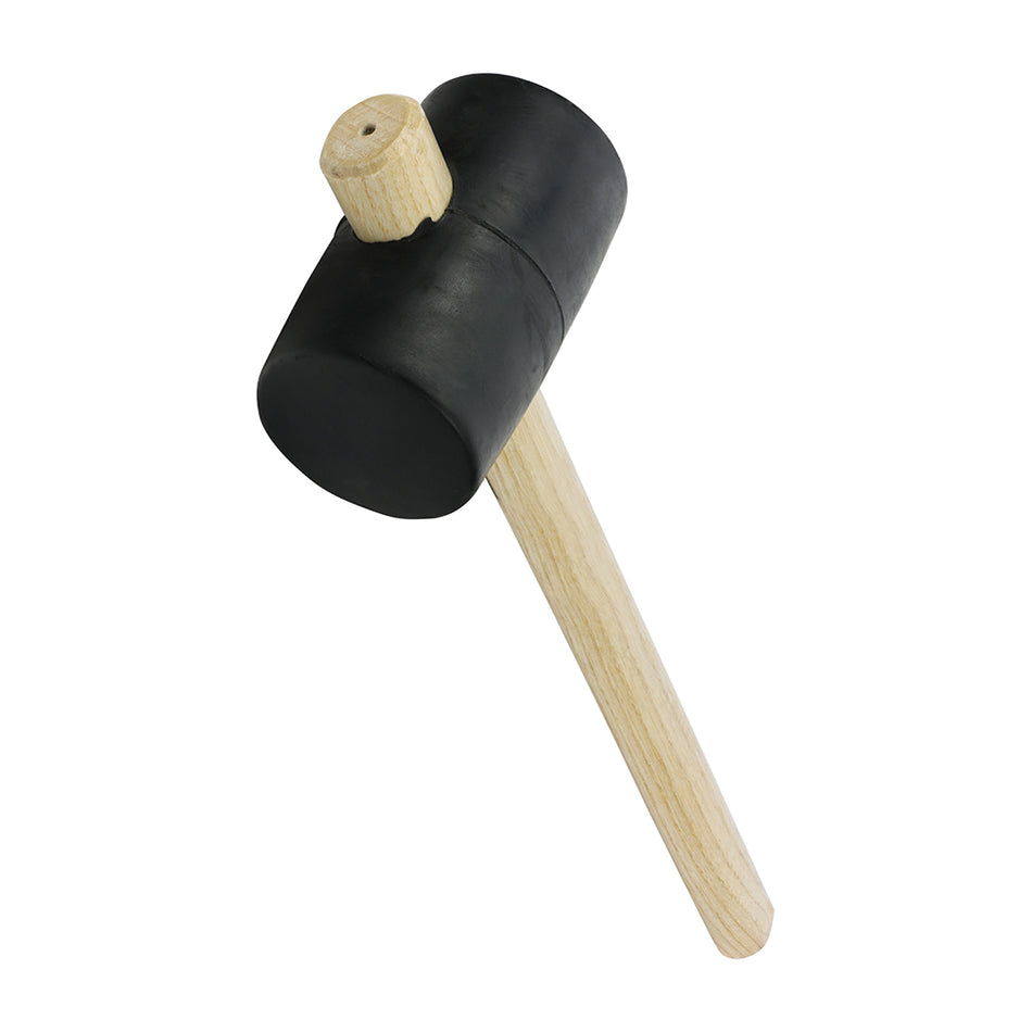 A multi-purpose black rubber mallet, featuring a solid rubber head to deliver a firm blow with locking and ergonomic ash wood handle which helps to prevent rebound.