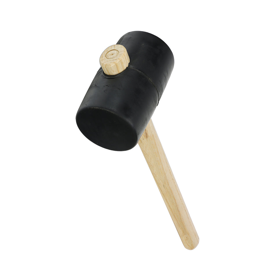 A multi-purpose black rubber mallet, featuring a solid rubber head to deliver a firm blow with locking and ergonomic ash wood handle which helps to prevent rebound.