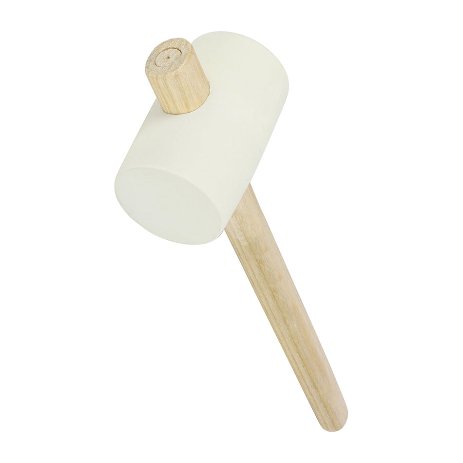 A multi-purpose white rubber mallet, featuring a solid rubber head to deliver a firm blow without marking the surface and locking and ergonomic ash wood handle which helps to prevent rebound. 