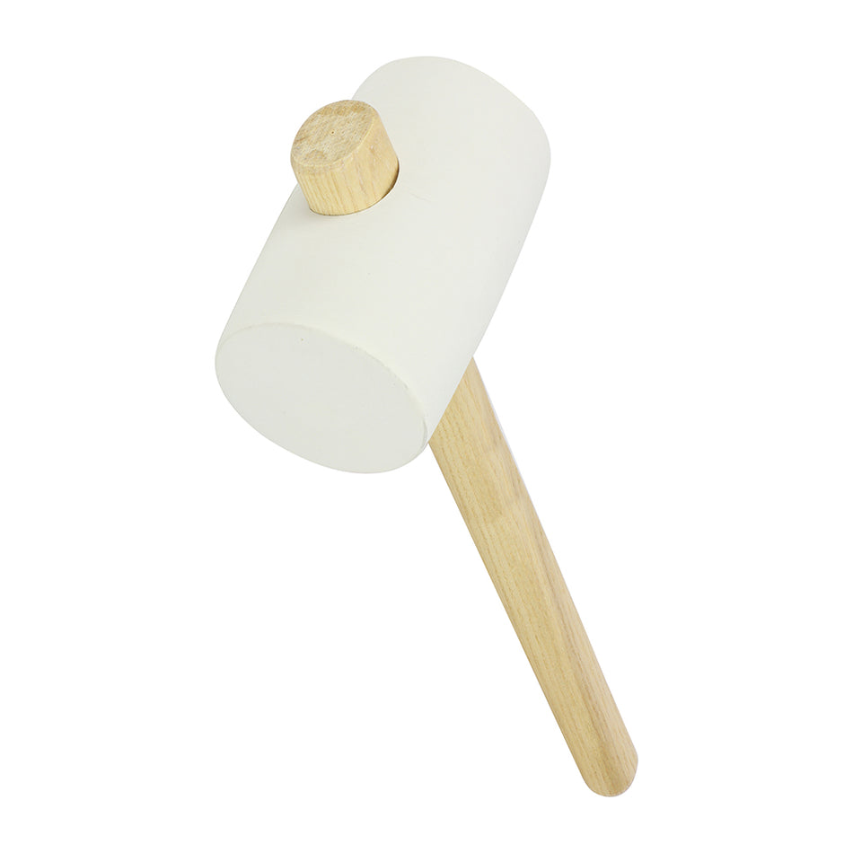 A multi-purpose white rubber mallet, featuring a solid rubber head to deliver a firm blow without marking the surface and locking and ergonomic ash wood handle which helps to prevent rebound. 