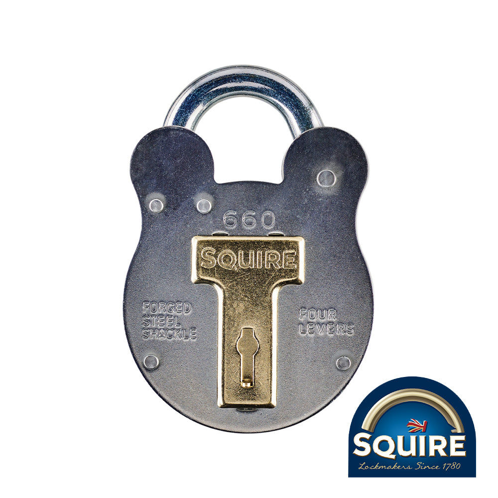 Traditional style Old English galvanised steel 4 lever padlocks.