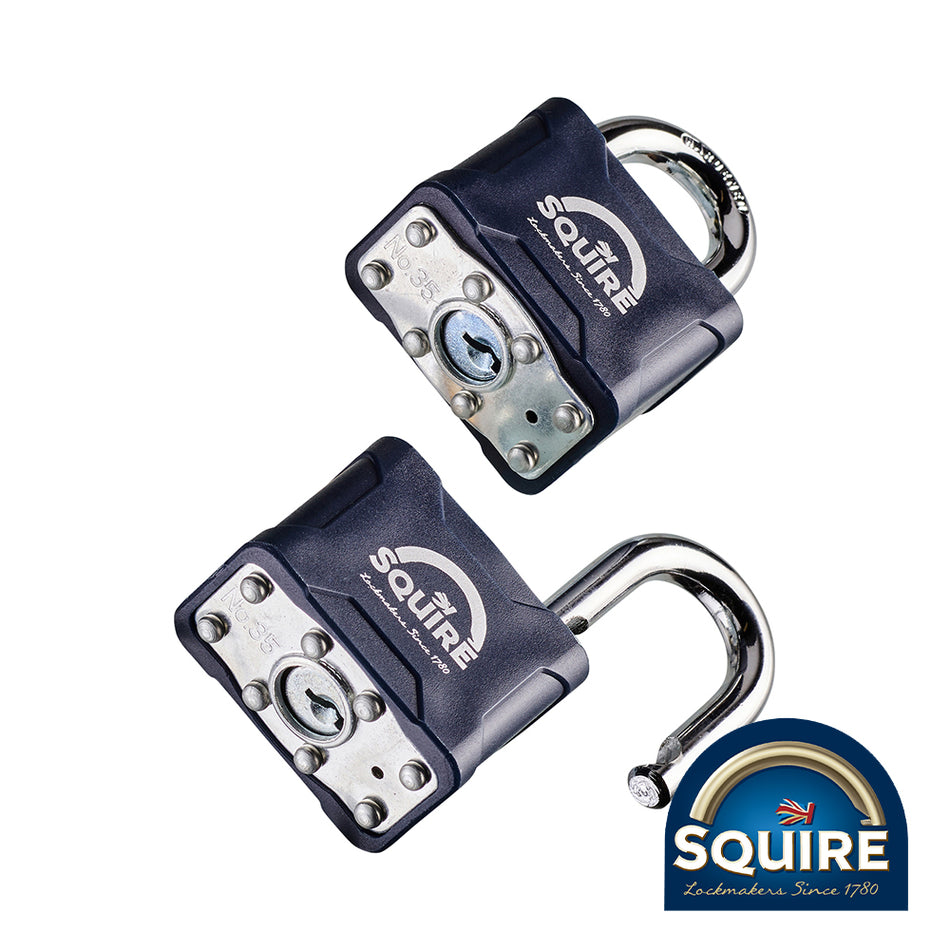 A medium-duty range of laminated double deadlocking padlocks for home use.Â  Featuring a hardened steel shackle and laminated steel padlock body with anti-corrosion finish. 