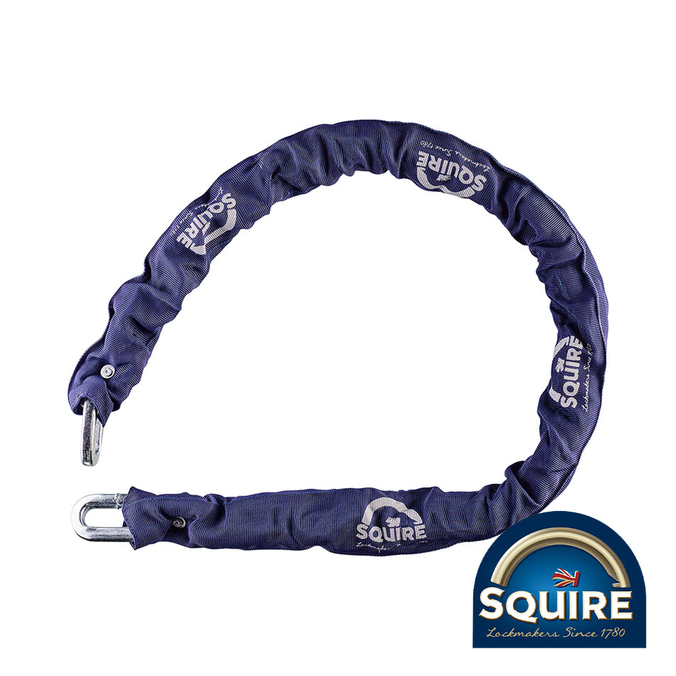 A range of high security hardened alloy steel chains which are Sold Secure approved for cycles and motorcycles.Â All covered with signature Squire blue sleeves.