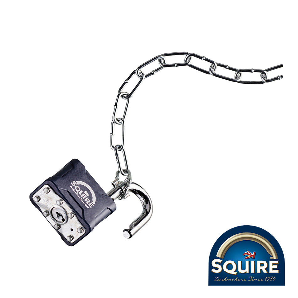 A medium-duty laminated double deadlocking padlock for home use supplied with a 305mm chain.  Featuring a hardened steel shackle and laminated steel padlock body with anti-corrosion finish.