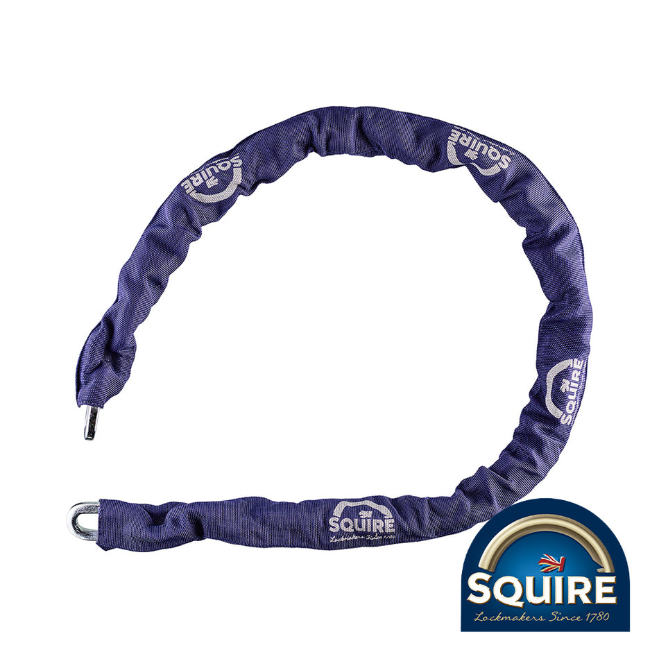 A range of high security hardened alloy steel chains which are Sold Secure approved for cycles and motorcycles.Â All covered with signature Squire blue sleeves.