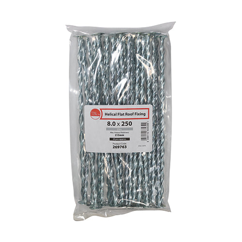 Hammer driven fixing frequently used for securing structural 6mm plywood composite insulation board to flat roofing systems. Manufactured from zinc plated high tensile steel, the fixing twists into timber without the need for pre-drilling.