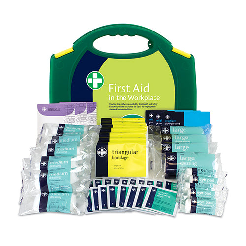 HSE First Aid Kit in a durable polypropylene case with green safety clips, integrated carry handle, and a secure airtight lid provides protection from dust and water. Content based on 1997 Approved Code of Practice.