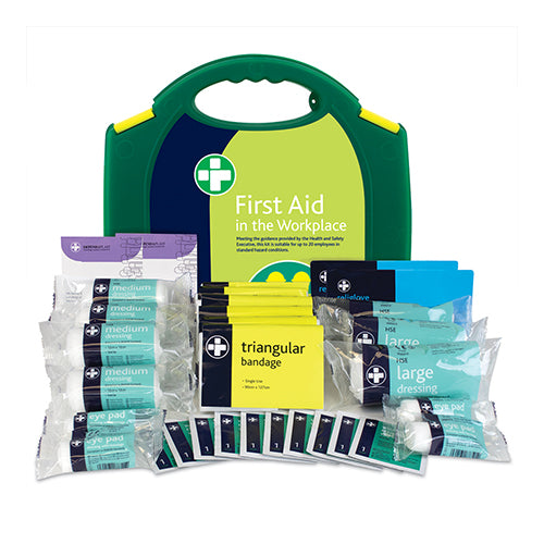 HSE First Aid Kit in a durable polypropylene case with green safety clips, integrated carry handle, and a secure airtight lid provides protection from dust and water. Content based on 1997 Approved Code of Practice.