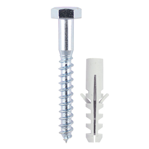 A traditional heavy duty woodscrew with a nylon plug for masonry applications. 