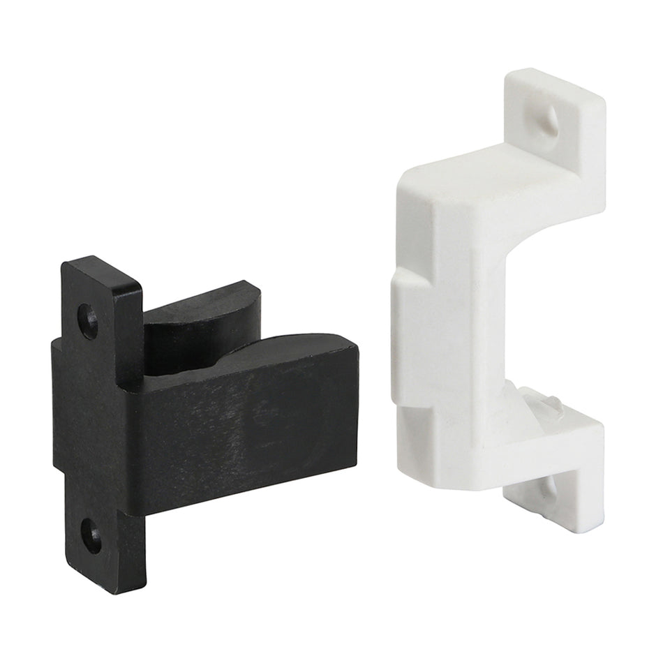 Two piece clip used for flush semi-permanent fixing of panels or dummy drawer fronts. The dual direction design allows fixing onto the base by clipping straight on or at a right angle.