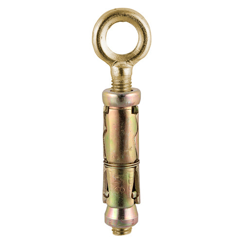 A useful threaded eye bolt for attaching ropes or cables, complete with three segment shield anchors. Manufactured using a forging process for extra strength.